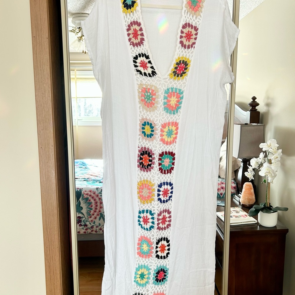 White Maxi Beach Cover Up with Colorful Crochet Detail